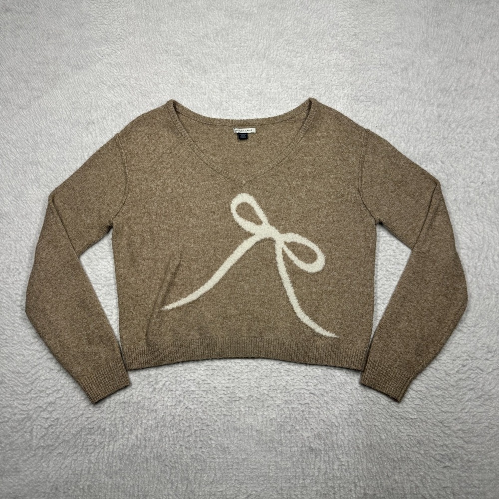 American Eagle Cropped‎ Bow Sweater Beige Tan V Neck Soft Long Sleeve Women's XS